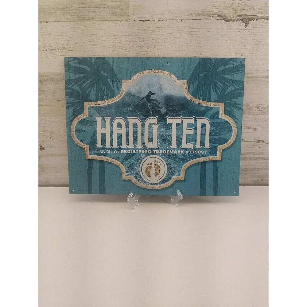 Hang Ten Surf Tin Sign 12.5x16 Blue Palm Trees Surfer Metal Wall Art Decor